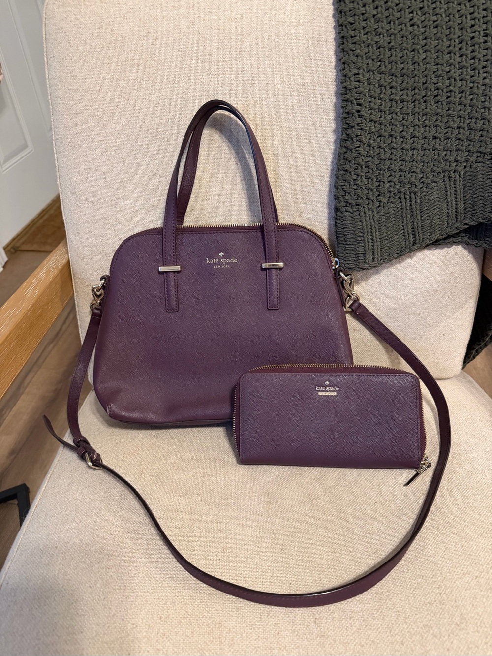 kate spade plum leather dome satchel and matching wallet